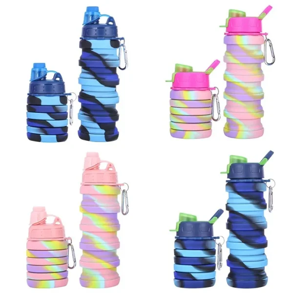 bzy foldable drinking water bottle leakproof fold silicone water bottles cup with straw outdoor hiking camping 500ml { multi color }