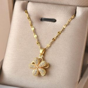 rotatable five petal flower gold plated women's necklace (with gift box)
