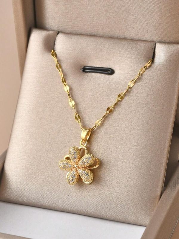 rotatable five petal flower gold plated women's necklace (with gift box)