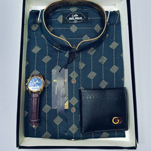 cotton print punjabi + premium watch + wallet combo pack