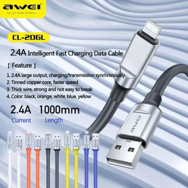 awei cl 206l lightning cable fast charging 2.4a usb data sync cord for iphone ( multi color )