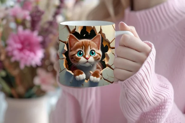 3d cat hole in a wall design mug