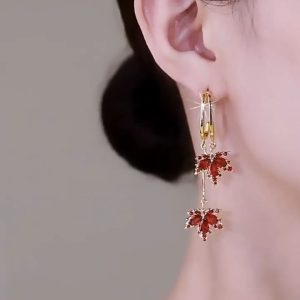 fashion red maple leaf gold plated ear hoop earrings dangle women jewelry