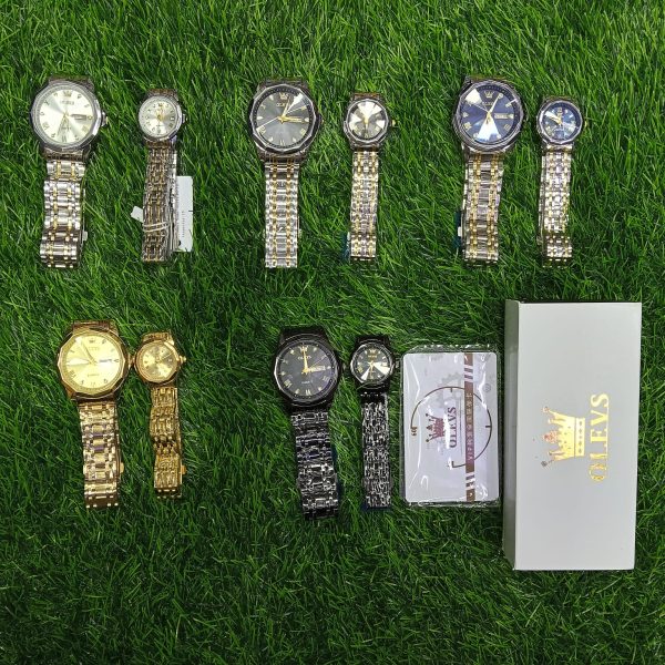 olevs stainless steel fashionable couple watches full golden