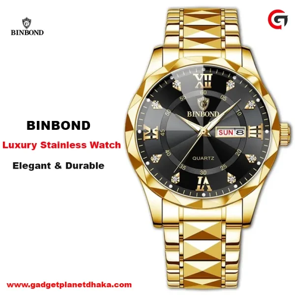 binbond 2521 luxury brand luminous quartz watch for men (golden black)