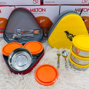 milton triyum stainless steel tiffin, 3 container, 280 ml each, with jacket, spoon & fork, orange | lunch box | food grade | odour proof | light weight | hygienic