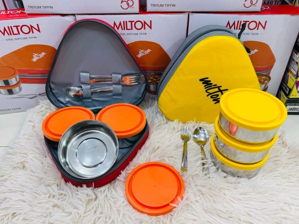 milton triyum stainless steel tiffin, 3 container, 280 ml each, with jacket, spoon & fork, orange | lunch box | food grade | odour proof | light weight | hygienic