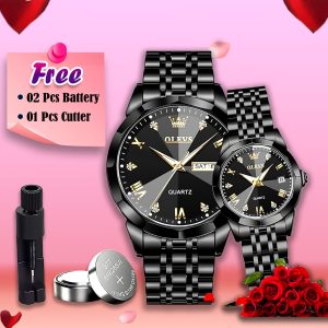 olevs stainless steel fashionable couple watches full black