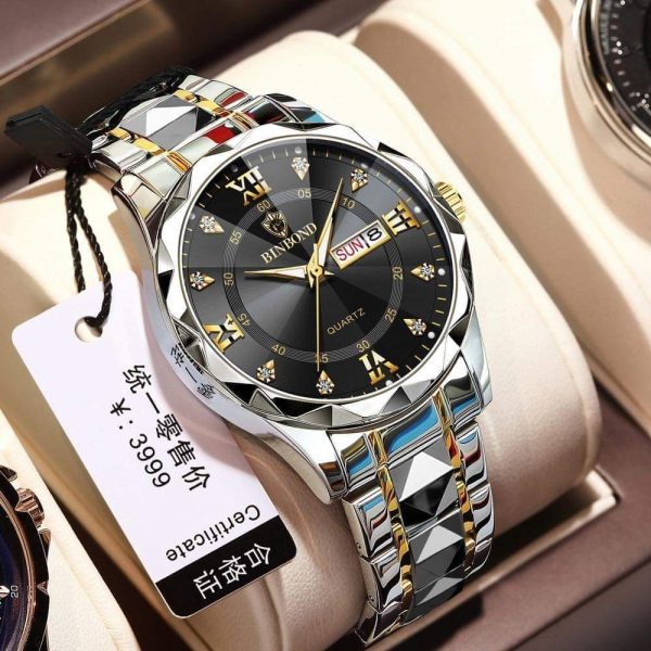 binbond 2521 luxury brand luminous quartz watch for men (black dial)