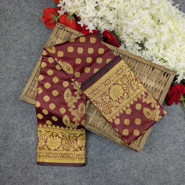 Premium Silk Katan Saree Combo Set - Maroon - Image 3
