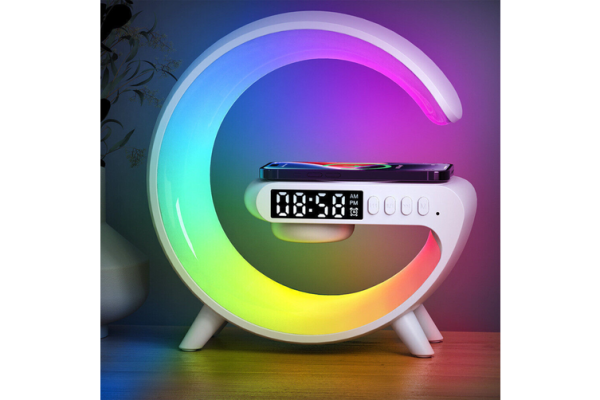 smart table lamp with wireless charger, app control,sunrise wakeup light, rgb lamp, clock, alarm, mini bluetooth speaker, dimmable night light lamp alarm clock g63