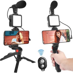 video making tripod kit for live broadcast 3 in 1 with microphone, led light, mini stand & remote control, vloging kit