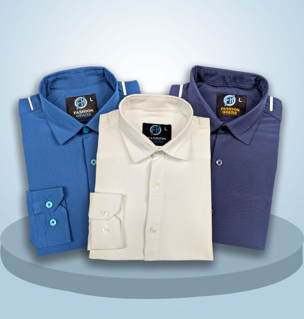 Premium 3 Piece Shirt  Combo Pack (Formal / Casual) (Navy Blue, White & Blue)