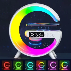 smart table lamp with wireless charger, app control,sunrise wakeup light, rgb lamp, clock, alarm, mini bluetooth speaker, dimmable night light lamp alarm clock g63