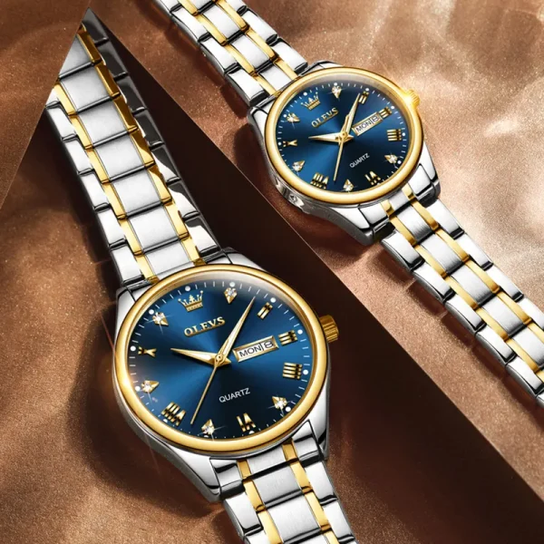 olevs 5563 couple watch tow tone chain (blue dial)