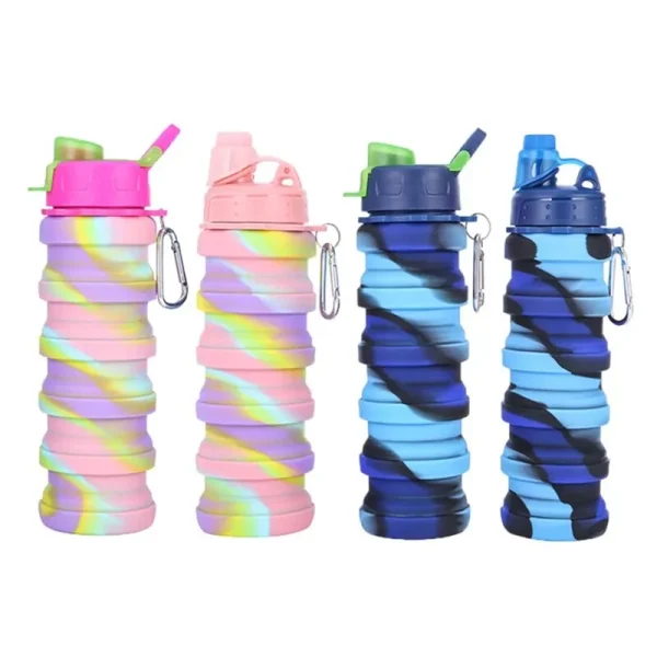 bzy foldable drinking water bottle leakproof fold silicone water bottles cup with straw outdoor hiking camping 500ml { multi color }
