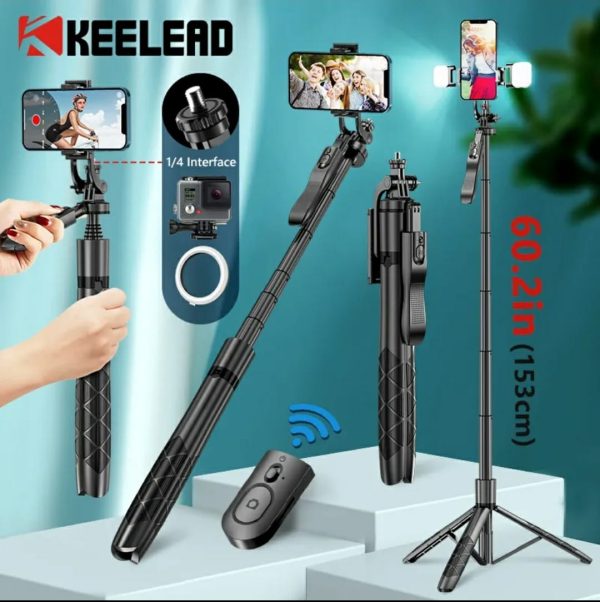 k 28 long video stand cum selfie stick tripod with remote 360° rotation phone stand with wireless remote control, with light