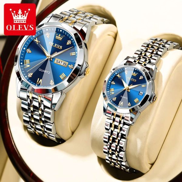 olevs stainless steel fashionable couple watches (navy blue)