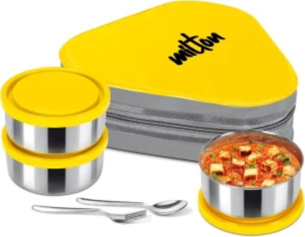 milton triyum stainless steel tiffin, 3 container, 280 ml each, with jacket, spoon & fork, orange | lunch box | food grade | odour proof | light weight | hygienic