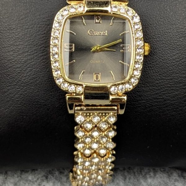 luxury golden stone studded ladies quartz watch – stylish & elegant design (black dial)