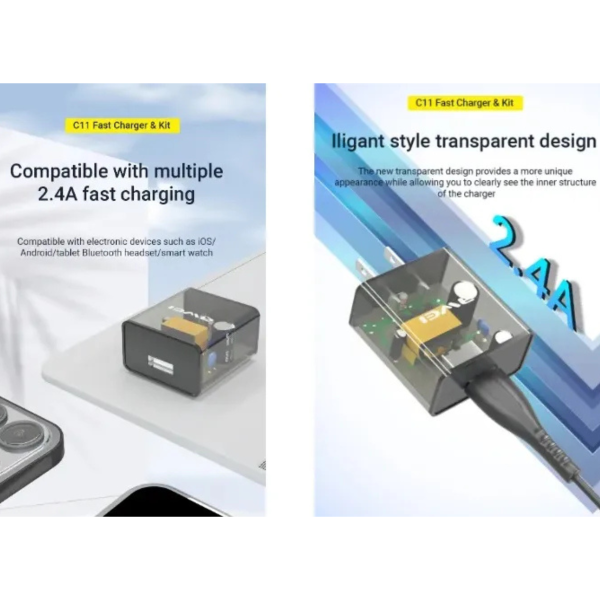 awei c11t fast charging type c adapter transparent wall charger with 1m type c data transfer cable