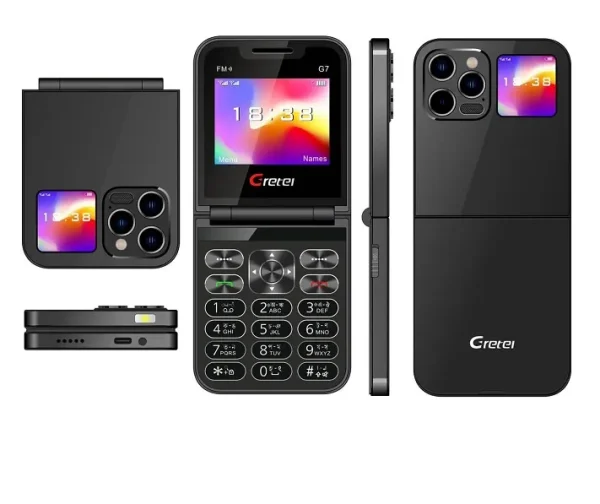 gretel g7 flip folding phone dual display caseing (black)
