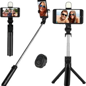 q07 foldable mini tripod & selfi stick with led light bluetooth remote shutter