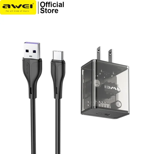 awei c11t fast charging type c adapter transparent wall charger with 1m type c data transfer cable