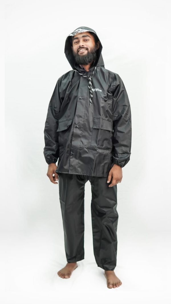 100% water proof high quality rain coat with pant. (happylon) black