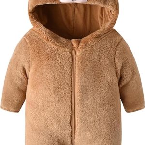 baby children's jumpsuit plush textured cartoon bear design hooded long sleeve warm romper 6 month