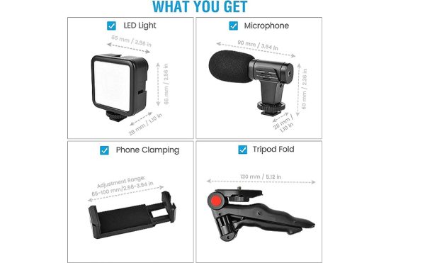 video making tripod kit for live broadcast 3 in 1 with microphone, led light, mini stand & remote control, vloging kit