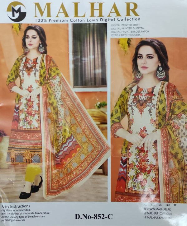 malhar 100% premium cotton lawn digital printed 3 piece