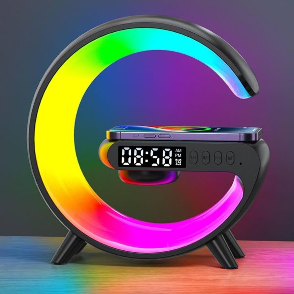 smart table lamp with wireless charger, app control,sunrise wakeup light, rgb lamp, clock, alarm, mini bluetooth speaker, dimmable night light lamp alarm clock g63