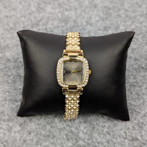 luxury golden stone studded ladies quartz watch – stylish & elegant design (black dial)
