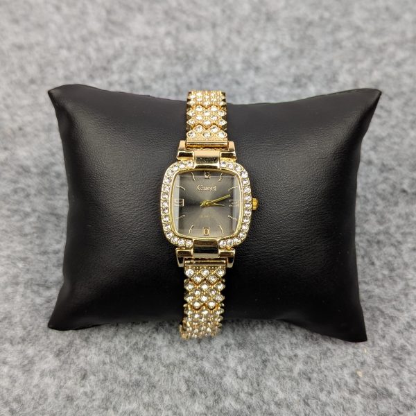 luxury golden stone studded ladies quartz watch – stylish & elegant design (black dial)