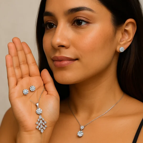 necklace with matching radiant crystal stud earrings.