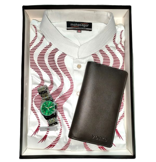 cotton printed punjabi + premium watch + leather wallet combo pack