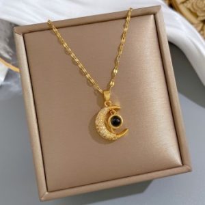 colorful moon shape pendant titanium steel necklace for female