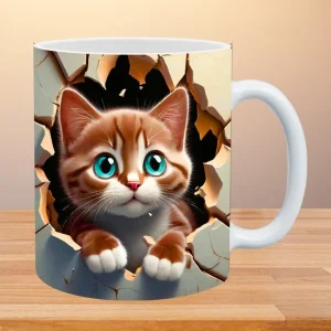 3d cat hole in a wall design mug