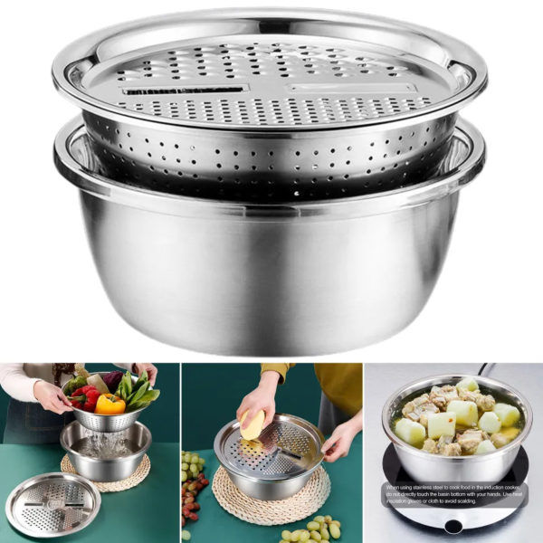 3 in 1 stainless steel vegetable cutter with drain basket easy food prep for southeast asian buyers grater basin for fruits vegetables