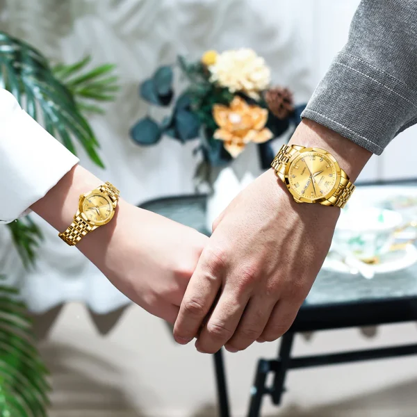 olevs stainless steel fashionable couple watches full golden