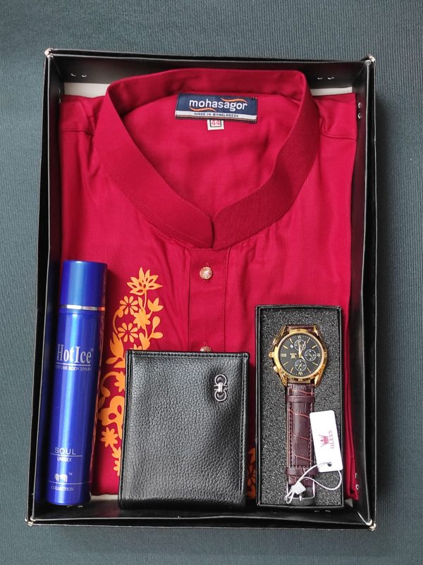 printed panjabi+ wallet+ olevs belt watch+ perfume combo pack