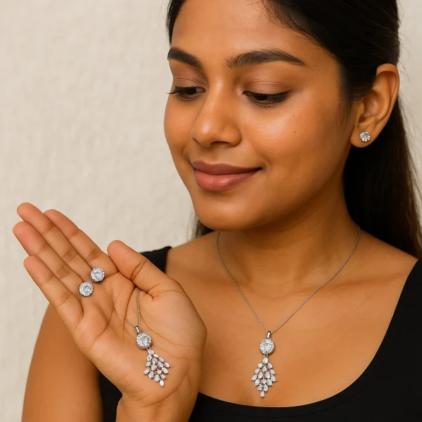 necklace with matching radiant crystal stud earrings.
