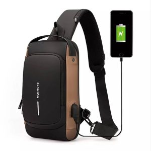 usb charging sport sling anti theft shoulder bag (brown shape )
