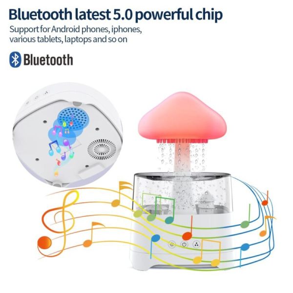 5 in 1 bluetooth speaker rain cloud humidifier, switchable 7 colors, 450ml capacity super quiet, intelligent anti dry function