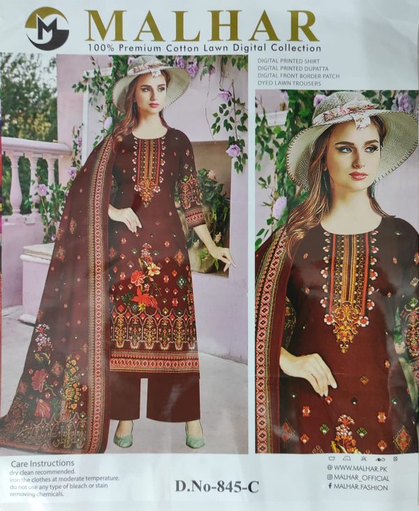 malhar 100% premium cotton lawn digital printed 3 piece