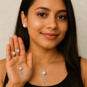 necklace with matching radiant crystal stud earrings.