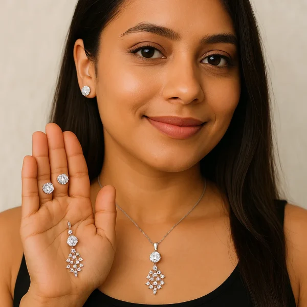 necklace with matching radiant crystal stud earrings.