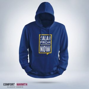 "salah from tomorrow now" islamic hoodie (royal blue)