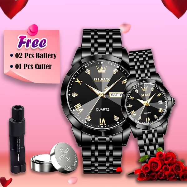 butter fly lock olievs stainless steel fashionable couple watches +1pcs chain cutter+ 2 pcs battery full black